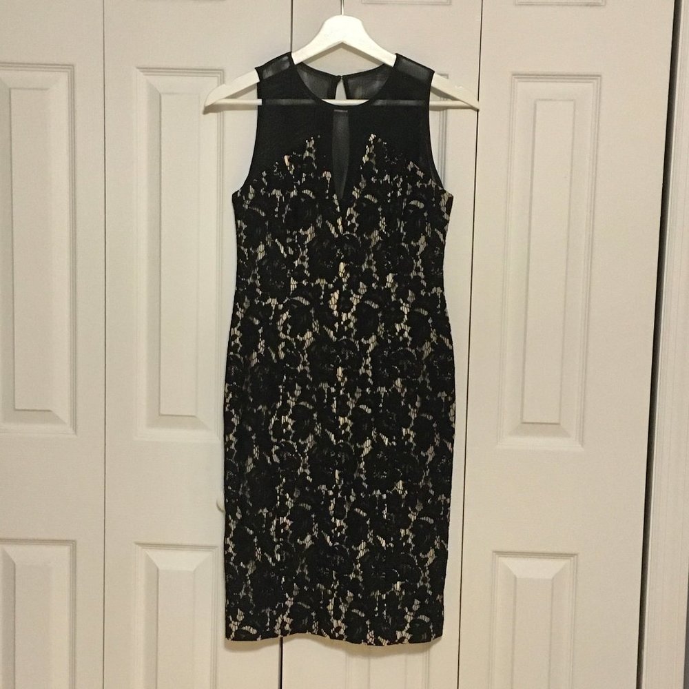 Vince Camuto Black Lace dress Sheer Neck line Sz 2
